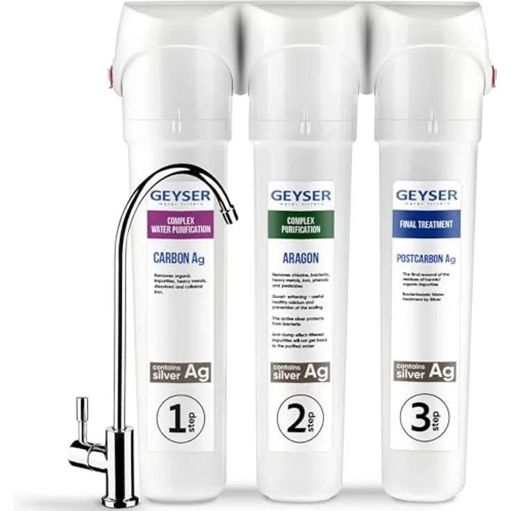 GEYSER GEYSER SMART Untertisch Wasserfiltersystem mit 3-Stufen Kartuschen, ARAGON + CATALON, Wasserfilter für Trinkwasser, Set mit Edelstahlwasserhahn, bis zu 12 Monate Nutzung