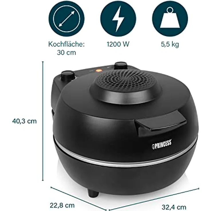 Princess Pizzaofen Pro 115005 – ø30 cm – Echter Pizzastein – Cool-Touch-Gehäuse für sicheren Gebrauch – Temperatur und Timer einstellbar – 1200 W – Schwarz – Bild 3