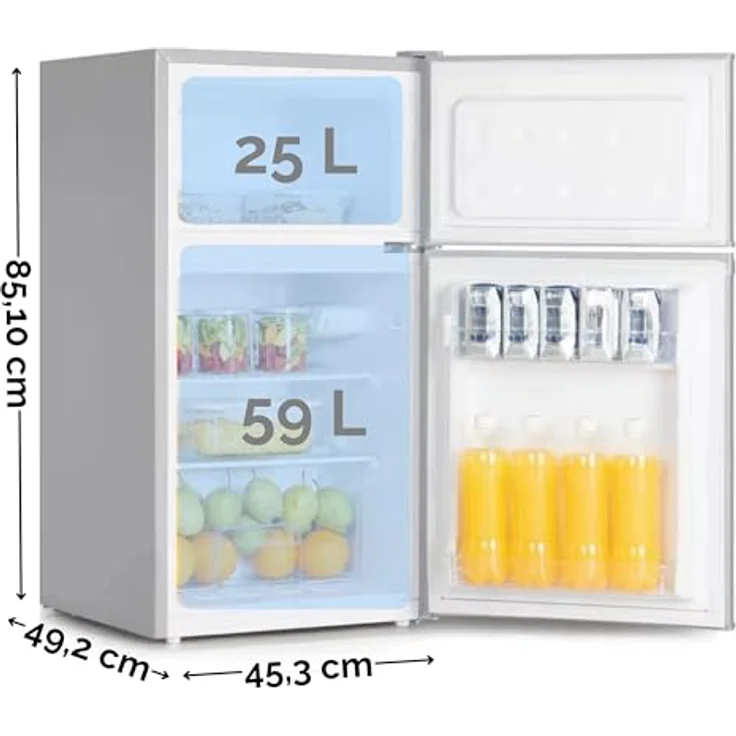 YUNA Kühl-Gefrierkombination GK85E-IX | 85cm Höhe | Inox-Look | 84 Liter Nutzinhalt |4*Gefrierfach 25 L | LED-Beleuchtung | Single/Büro Kühlschrank | 2 Böden | 2 Türfächer | Gemüseschublade – Bild 5