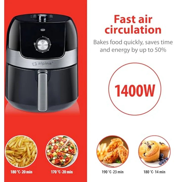 alpina Heißluftfritteuse 24640, 3,5L, 1400W, Temperatur einstellbar 80-200°C, für 3-5 Personen, Timer bis 60 Min, spülmaschinenfreundlich, schwarz – Bild 6