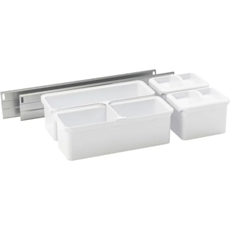 Kesseböhmer YouboXx-Set 3 Organisationssystem für Apothekerauszug, 6 Boxen (1,0 L und 2,1 L) mit weißen Deckeln und Trennteiler, silbergraue Trägerschienen – Bild 6