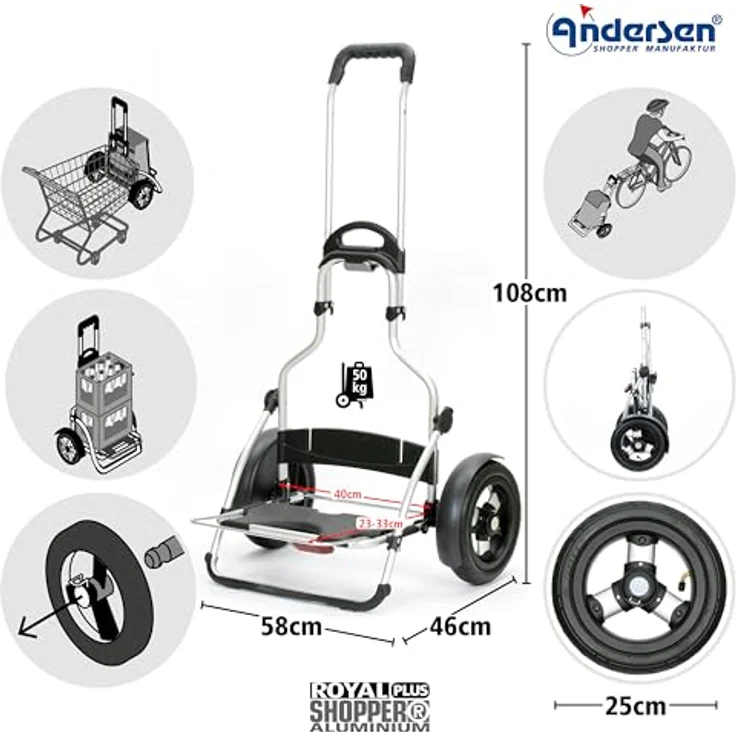 Andersen Einkaufstrolley - Royal Shopper Plus Ortlieb gelb 49 L Handwagen, wasserdicht, wetterfest, Aluminium, klappbar, luftbereiftes Kugellagerrad – Bild 2
