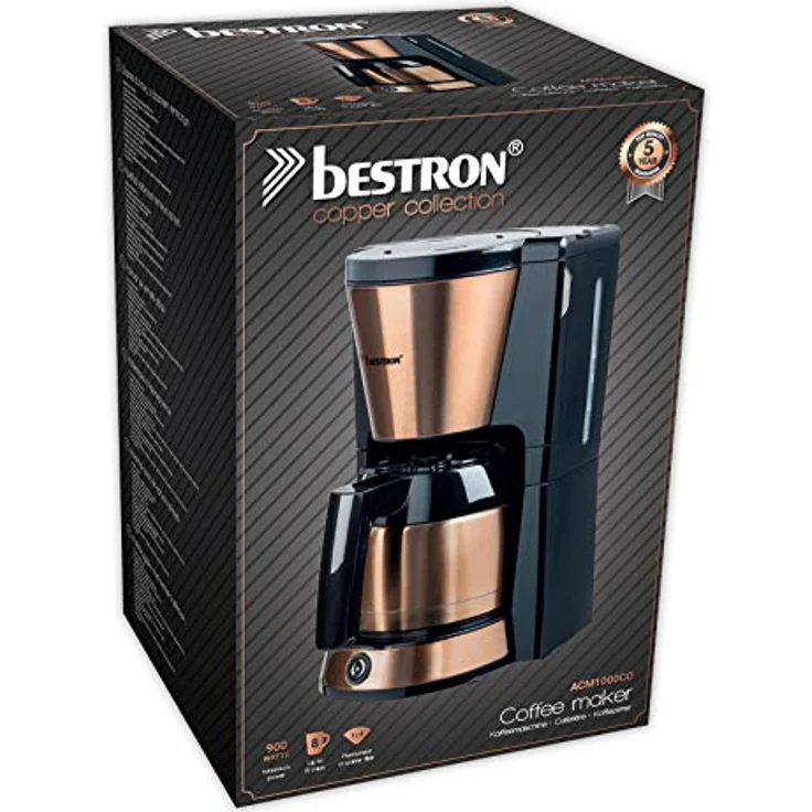 Bestron Kaffeemaschine mit Thermokanne, 8 Tassen, 900 W, Edelstahl in Kupfer -Optik – Bild 6