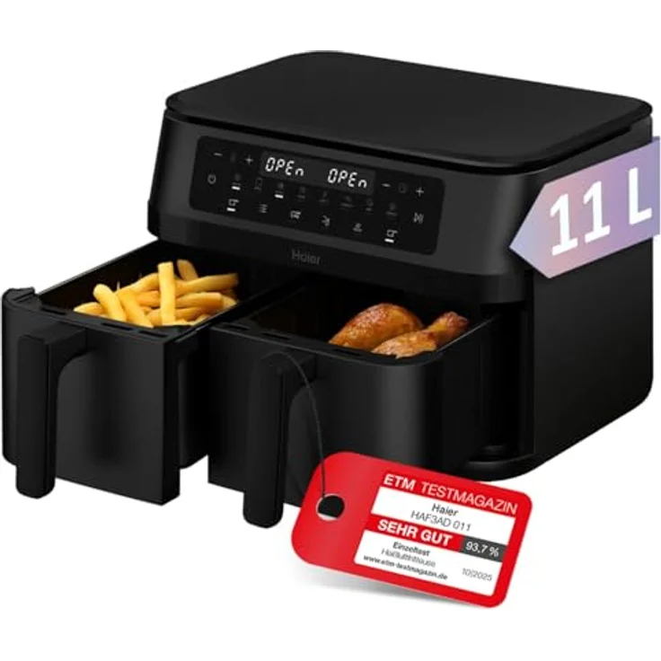 Haier Flex Heißluftfritteuse 2 Kammern, 11 L Airfryer mit herausnehmbarer Trennwand, Sichtfenster, 8 Funktionen, Antihaftbeschichtung, spülmaschinenfest – Bild 1