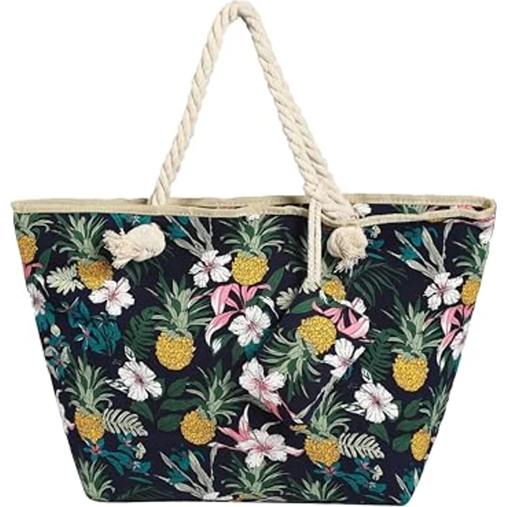 DonDon XXL Strandtasche mit Reißverschluss, Große Shopper Tasche für Damen - Praktische Umhängetasche für Strand und Meer, Blumen und Ananas – Bild 1