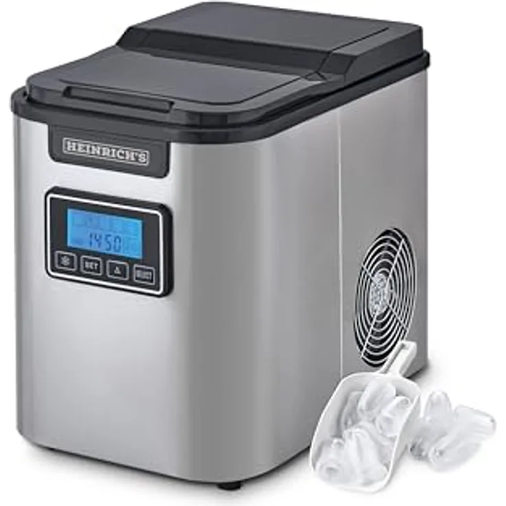 HEINRICHS Eiswürfelmaschine, Eiswürfelbereiter mit Timer, 3 einstellbare Eiswürfelgrößen, LCD-Display, 2,2 Liter Wassertank, Selbstreinigungsfunktion, Edelstahl, 120 W Leistung Heinrich´s