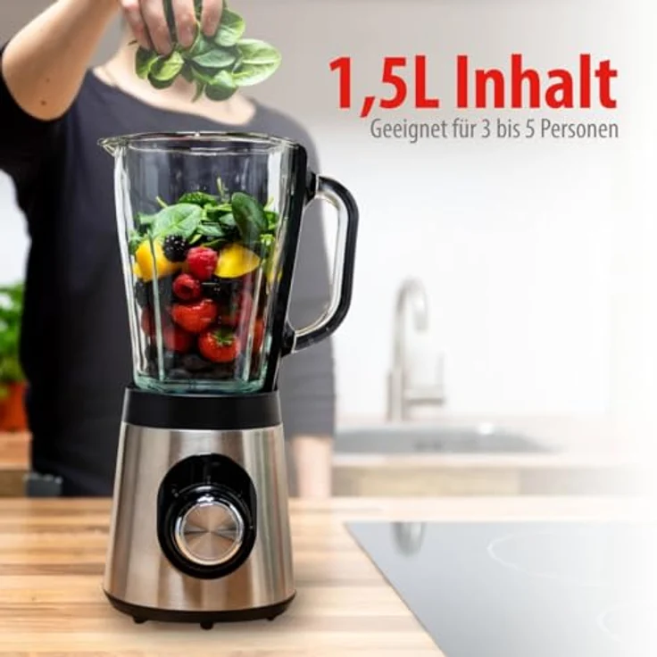 alpina Mixer 1,5L, Smoothie Maker 500W mit Glasbehälter, 2 Geschwindigkeiten, Pulsfunktion, rutschfeste Füße, schwarz-silber – Bild 7