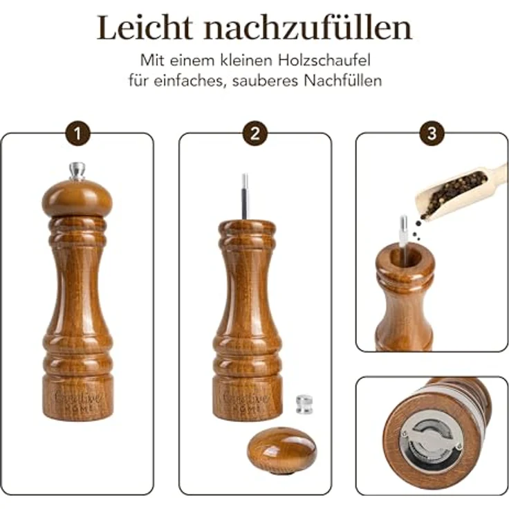 Creative Home Salz-/Pfeffermühle Set, 2 große Holz Mühlen mit manuellem Quetschmechanismus, imprägniert mit ungiftigem Lack – Bild 5