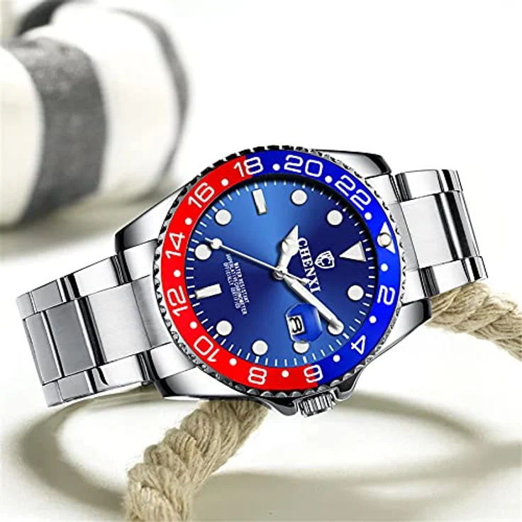 JewelryWe Herrenuhr Edelstahl Quarz Analog mit leuchtendem Zifferblatt, Kalenderfunktion und 3ATM wasserdicht, Silber Blau – Bild 5