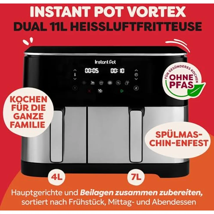 Instant Pot Vortex Dual Heißluftfritteuse, 11 l Edelstahl, Doppelgarbehälter, PFAS-frei, präzise Temperaturregelung – Bild 2