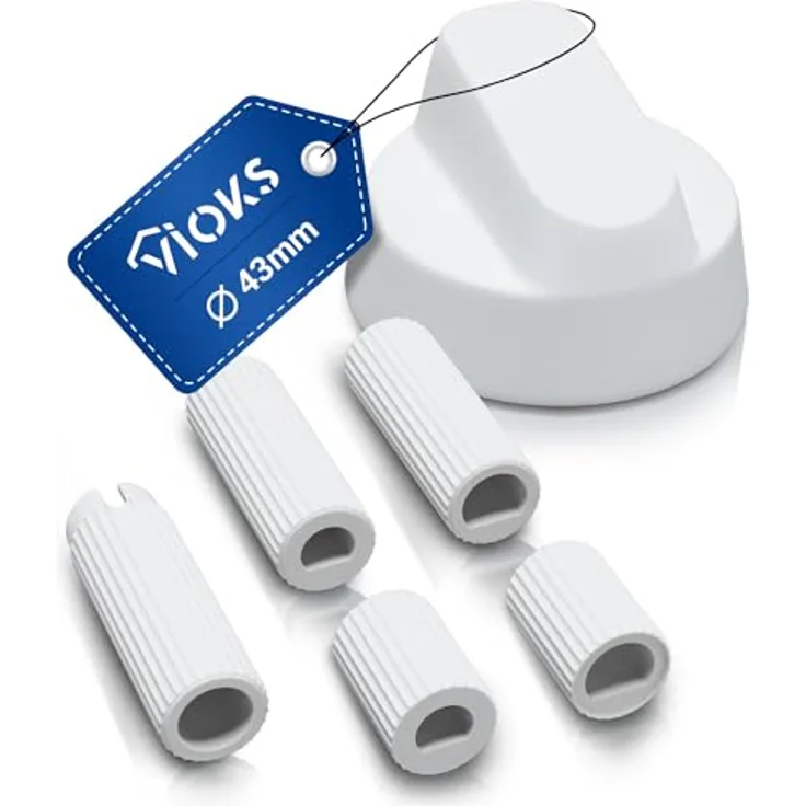 VIOKS Drehknopf Herd Universal 43mmØ Herd Knebel Weiß mit 5 Adaptern - Herd Zubehör aus Kunststoff - Knöpfe & Schalter für Backöfen & Herde