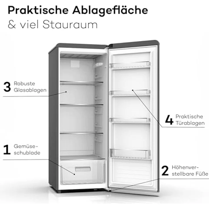 Schoepf Retro Vollraumkühlschrank RKS245B Schwarz matt 238 Liter Nutzinhalt LED-Beleuchtung Vintage Style – Bild 6
