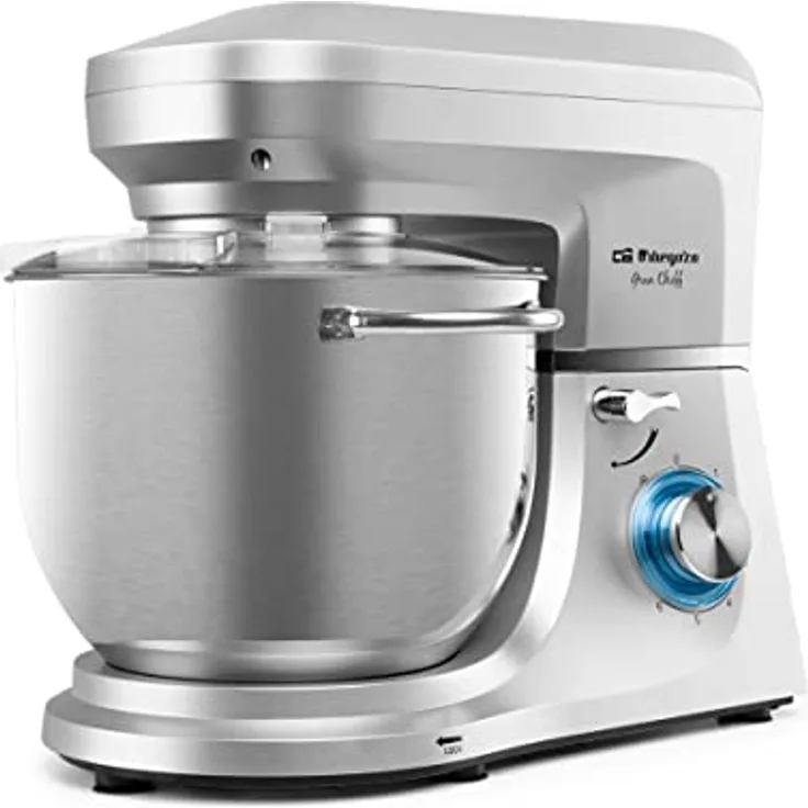 Orbegozo AM 8000 - Knetmaschine, 7 Liter, sechs Stufen, Planetenbewegung, Behälter aus Edelstahl, neigbarer Kopf, AC-Motor, 1800 W - Küchenmaschine mit Schutzdeckel und Planetenbewegung