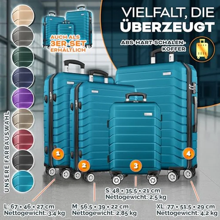 tillvex® Reisekoffer Set 4-TLG. Hartschalenkoffer S-M-L-XL in Türkis mit TSA Schloss, 4 Rollen, Gepäckwaage, 8 Koffergurten & 4 Kofferanhängern – Bild 5