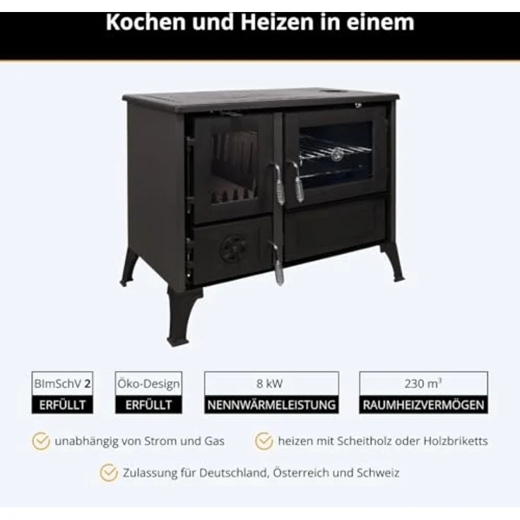 365® Küchenherd Cook Smart, rustikaler Gusseisen-Heizgerät mit 8 kW, schwarz emailliert, Energieeffizienz A+ – Bild 2