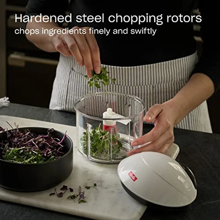 Fissler Finecut / Obst und Gemüseschneider, Multi- Zerkleinerer-manuell, Universalschneider-Küche, Zwiebel-Cutter mit Zugmechanismus (mixen, schleudern, aufbewahren), Weiß – Bild 4