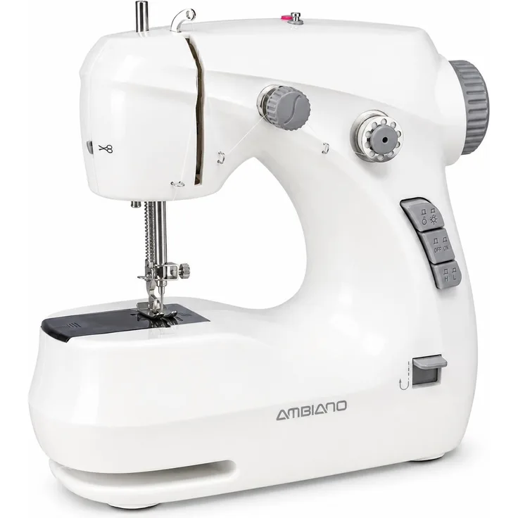 Ambiano Mini-Nähmaschine, Kompakte Reisenähmaschine mit Fußpedal & Zubehörset, 280 Stiche/Min., Netz- & Batteriebetrieb, grau