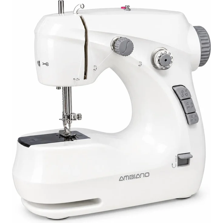Ambiano Mini-Nähmaschine, Kompakte Reisenähmaschine mit Fußpedal & Zubehörset, 280 Stiche/Min., Netz- & Batteriebetrieb, grau