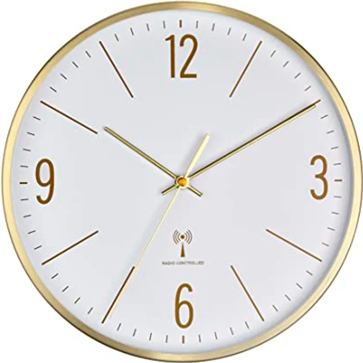 TFA Dostmann Analoge Funk-Wanduhr, 60.3534.55, 30cm, Goldener Metallrahmen, leises Uhrwerk, modernes Design, mit Glas-Abdeckung, Gold – Bild 2