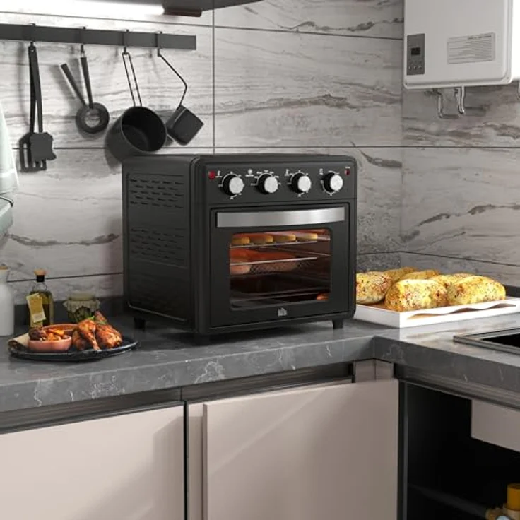HOMCOM Minibackofen Umluft 30L Mini Ofen 7 Modi, Frittierkorb, 60 Min. Timer, 1600W, in schwarz – Bild 2