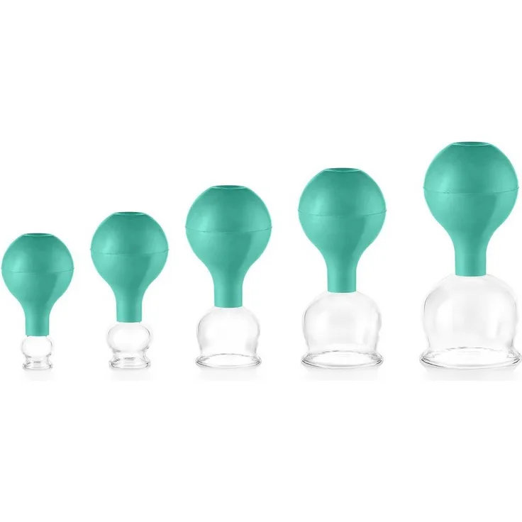 pulox Vakuum-Massager Schröpfgläser Set aus Echtglas 5 Stück - 2,5cm, 3,2cm, 4cm, 5,2cm, blau, braun, grün oder pink