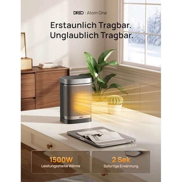 Dreo Atom One, 1500W Heizlüfter mit Thermostat, Oszillation und 12-Stunden-Timer, schwarz – Bild 2