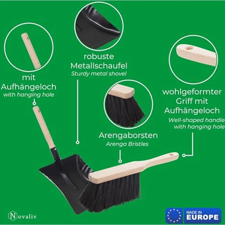 Novaliv Kehrgarnitur 19487-51200, 2er Set Handfeger mit Arenga Borsten und Metallkehrblech, robust – Bild 5