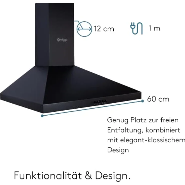 Wiggo Dunstabzugshaube 60cm I Wandhaube für Abluft oder Umluft Dunstabzug 300m³/h mit LED-Beleuchtung & 3 Leistungsstufen I Wandhaube inkl. Fettfilter & 2x Kohlefilter I Abzugshaube Schwarz – Bild 5