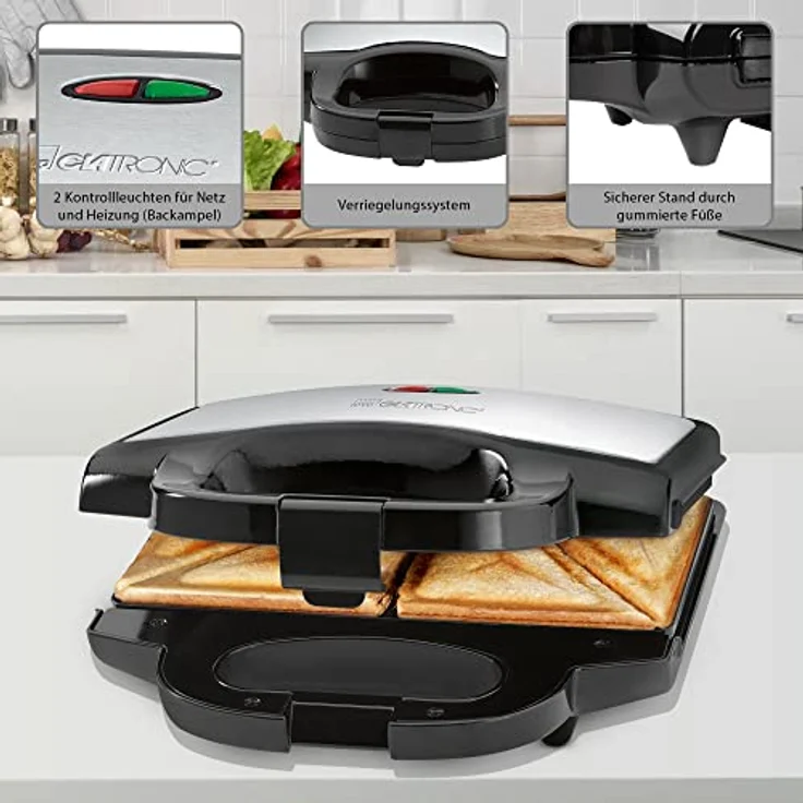 Clatronic ST 3778 Sandwichmaker, elektrischer Sandwichtoaster, Sandwich-Maker mit dreieckigen Sandwichplatten antihaftbeschichtet, automatischer Temperaturregler, 750 Watt Schwarz/Edelstahl – Bild 4