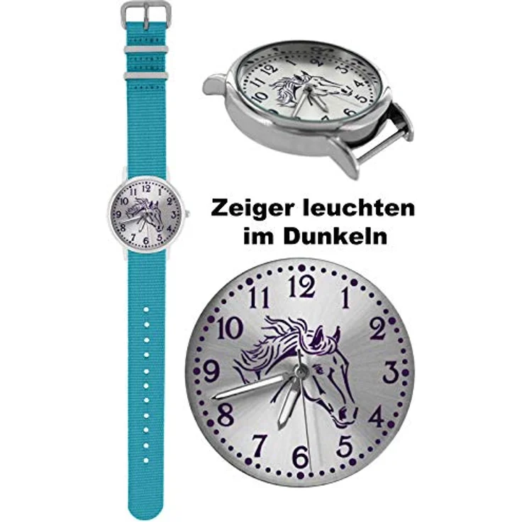 Pacific Time Mädchen Uhr Pferde, analoge Quarz-Armbanduhr mit leuchtenden Zeigern, hellblau, Textil Wechselarmband 10308 – Bild 4