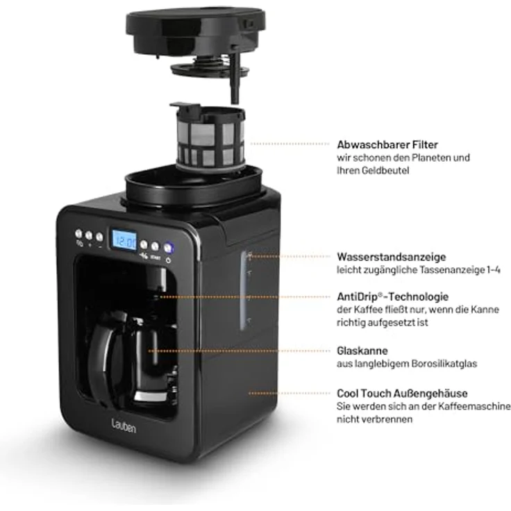 Lauben Grind&Drip Coffee Maker 600BB, Kaffeemaschine mit Integriertes Mahlwerk, Abwaschbarer Filter, Automatische Abschaltung, Anti-Tropf® Technologie, Inhalt 4 Tassen – Bild 4
