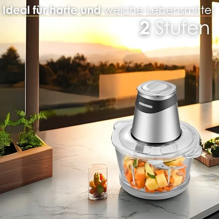 Steinborg Zerkleinerer elektrisch extra stark Multizerkleinerer Blitzhacker 500W 1,8L mit Glasbehälter - Universal-Küchenmaschine Mixer für Babykost Nüsse Gemüse Obst Fleisch – Bild 5