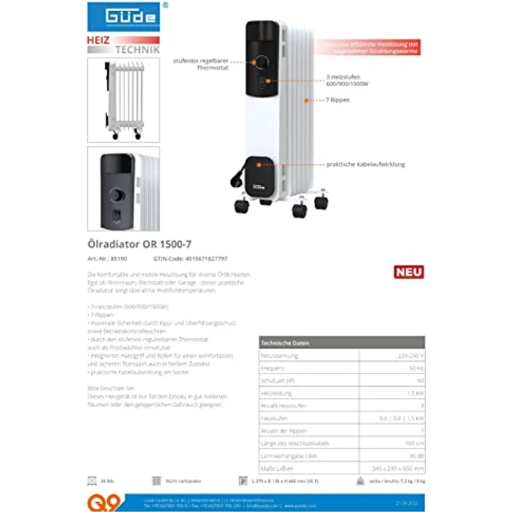 Güde Ölradiator OR 1500-7 (220-240 V, 1500 W Heizleistung, 3 Heizstufen (600/900/1500 W), 7 Rippen, stufenloses Thermostat, Kipp- und Überhitzungsschutz, Rollen für einen sicheren Transport) – Bild 5