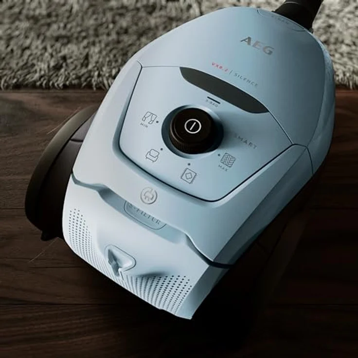 AEG VX82-1-4MB Staubsauger mit Beutel (Automatische Saugkraftregulierung, extrem leise auch auf Teppich, Aufnahme von großen + kleinsten Partikeln, langes Kabel, 55% Recyclingmaterial, 600W, hellblau) – Bild 4
