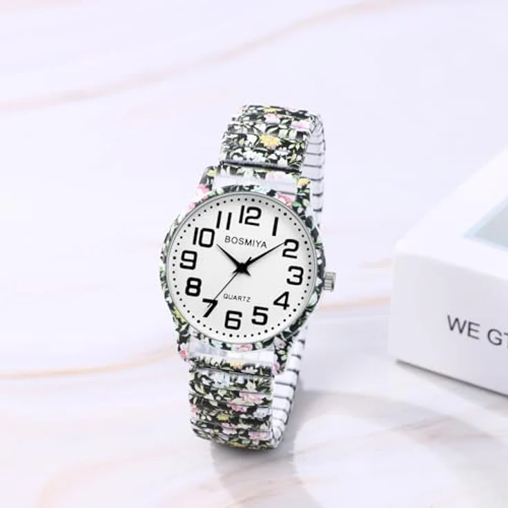 JewelryWe Böhmische Blumen Armbanduhr, Edelstahl Stretch mit großen arabischen Ziffern, Analoguhr für Damen – Bild 2