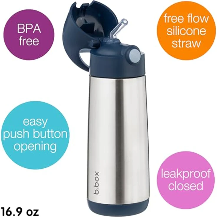 b.box Isolierte Wasser- und Thermosflasche, Edelstahl (Dreiwandig), hält Getränke bis zu 15 h kalt & 8 h warm, 500 ml, auslaufsicher mit Silikonstrohhalm – Bild 3