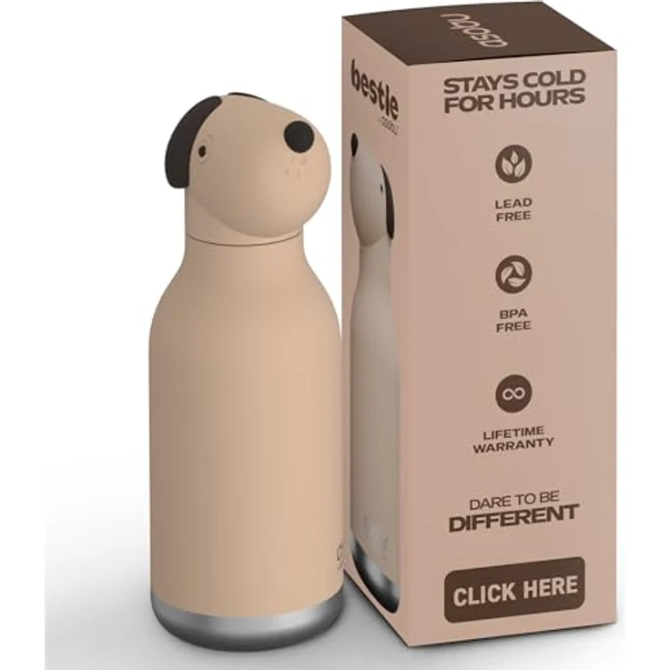 ASOBU Bestie Kindertrinkflasche, isolierte Edelstahlflasche 420ml mit braunem Hundekopf, auslaufsicher & BPA-frei – Bild 1