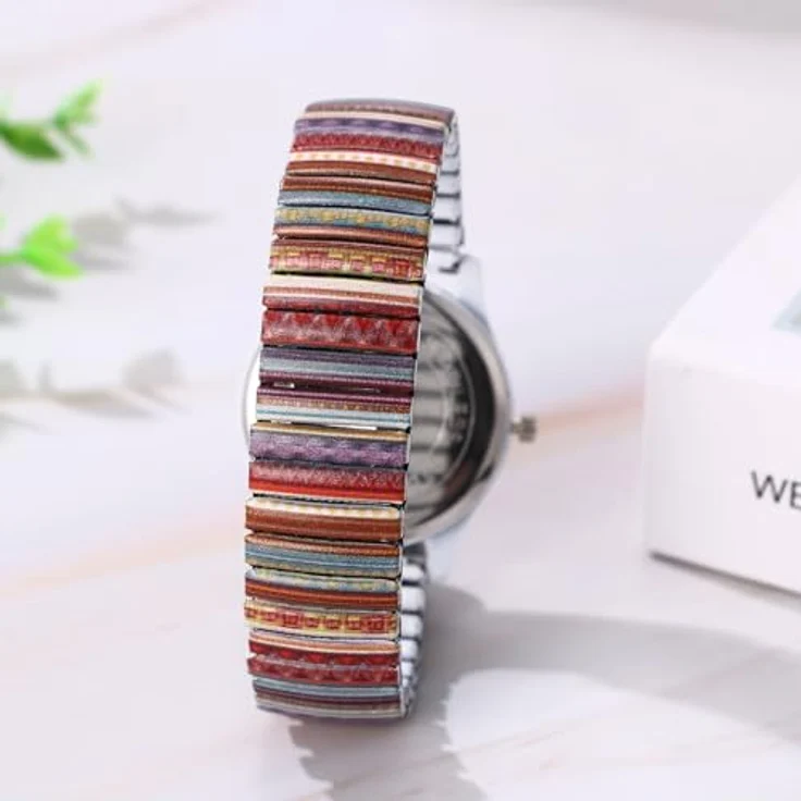 JewelryWe Damenuhr Boho Elastische Armbanduhr, Vintage Ethno-Stil mit Analog Quarzwerk, Edelstahl Stretch Armband, große römische Ziffern – Bild 5