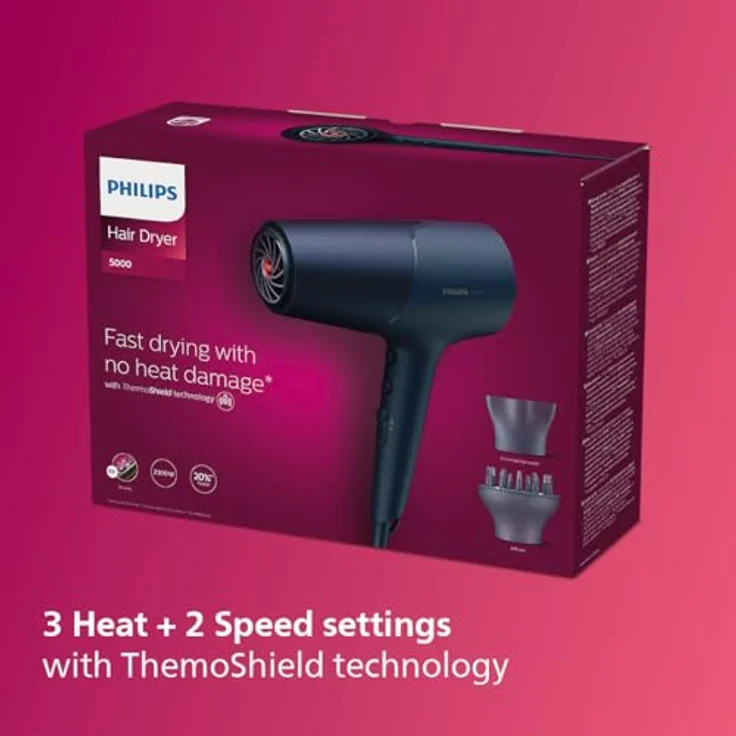 Philips BHD510-00 Serie 5000 Haartrockner, 2300W, ThermoShield, Gleichstrommotor, 6 Geschwindigkeiten, Ionenfunktion, Kaltluft, blau – Bild 3