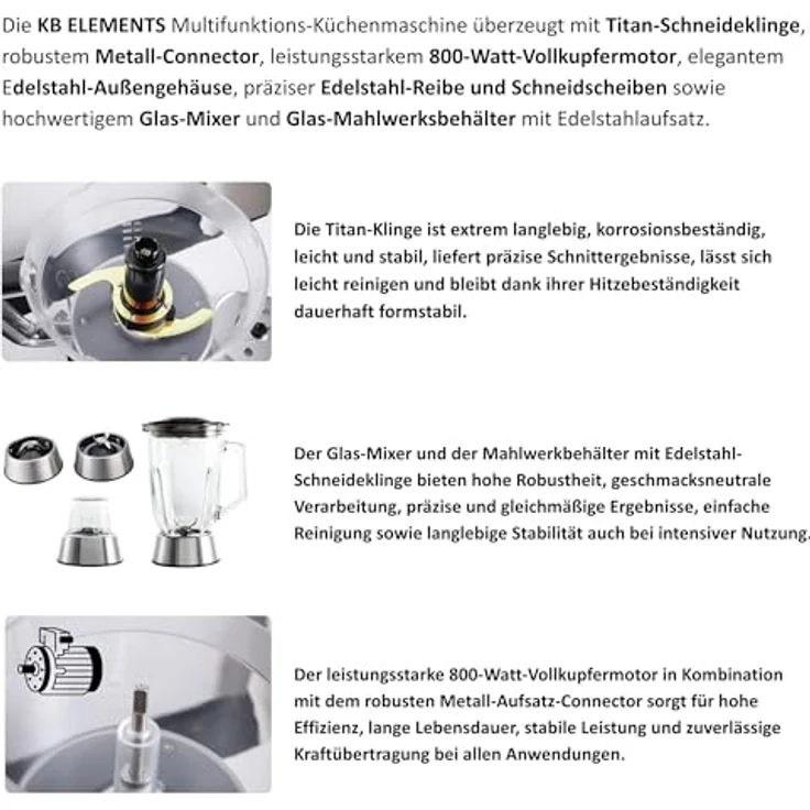 KB ELEMENTS Küchenmaschine - Mixer mit 800W Voll Kupfer Motor, Full Touch Display, Titan Schneideklinge, 1,5L Behälter, Edelstahl – Bild 4