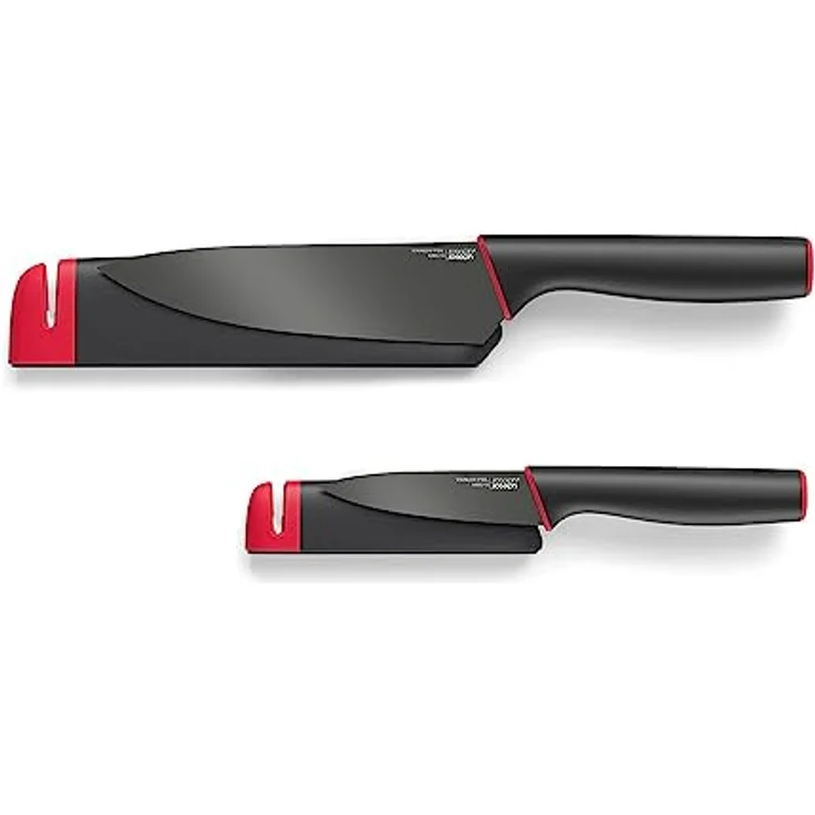 Joseph Joseph Slice&Sharpen - 2-er Set, Silikonbeschichtete Messer mit integriertem Messerschärfer - schwarz-rot – Bild 2