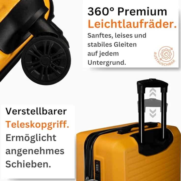 NOWI Handgepäck Koffer M 38L – Hartschalen-Trolley mit Zahlenschloss und 4 Doppelrollen, gelb – Bild 4