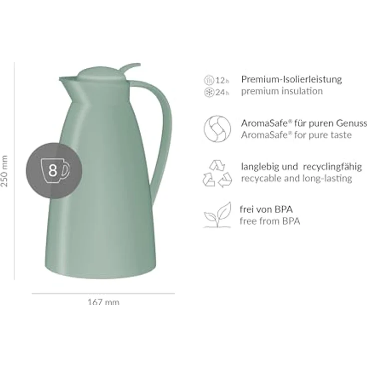 Alfi ECO 1,0l Isolierkanne, mint grün, hygienischer Hartglaseinsatz, Drehverschluss mit Drucktaste, einhändiges Ausgießen, BPA-frei – Bild 5