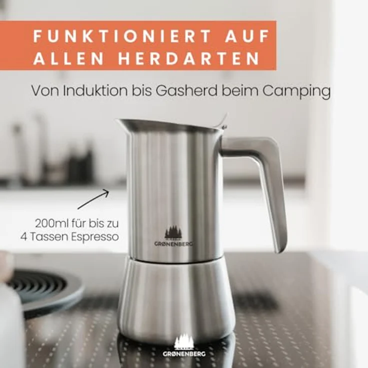GRØNENBERG Espressokocher Edelstahl, Induktion geeignet, 4 Tassen, 0.2l, inkl. Ersatz-Dichtung, aluminiumfrei und unbeschichtet – Bild 3