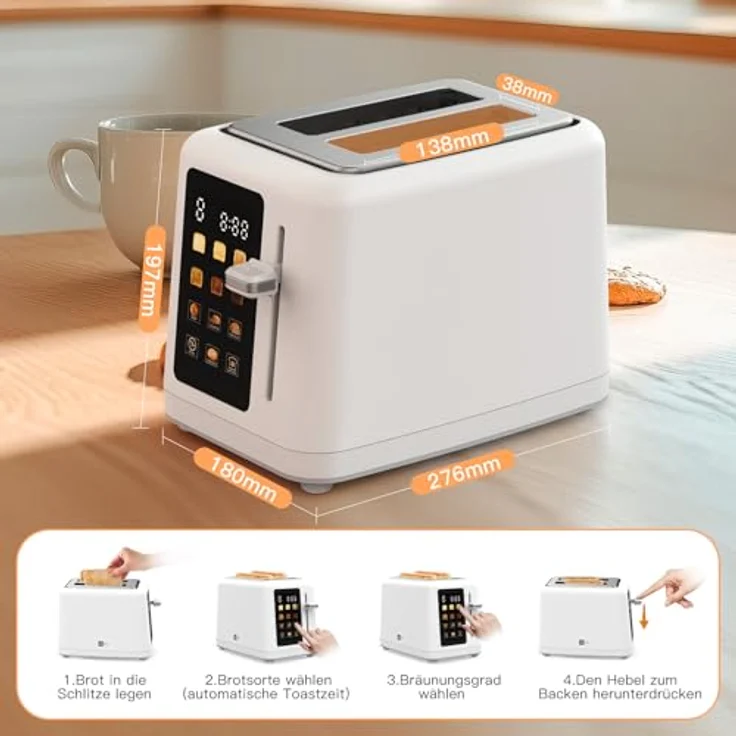 aeco toastlab MAX Toaster 2 Scheiben, LED Touchscreen, 850W, 6 Bräunungsstufen, Brötchenaufsatz, Auftaufunktion, Liftfunktion, weiß – Bild 2