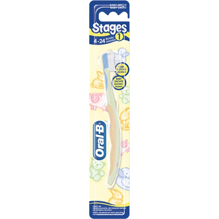 Braun Oral-B Stages 1 Kinderzahnbürste von 4 bis 24 Monate 1 Stück, gepolsterter Bürstenkopf, babyweiche Borsten, Antirutsch-Griff, Tierfiguren, sortiert