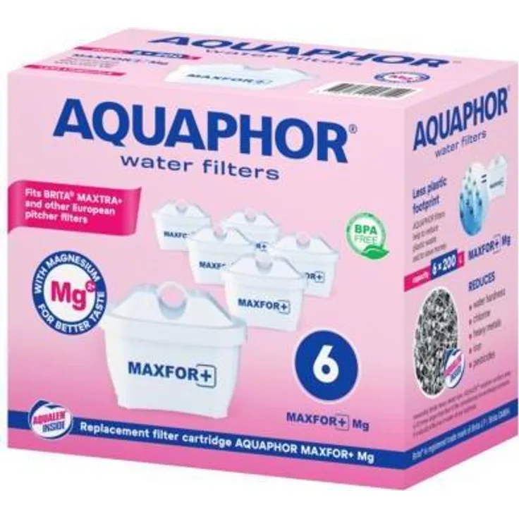 Aquaphor MAXPHOR+ MG Filterkartusche Trinkwasserfilter 6er Pack mit AQUALEN und Magnesium +, für Tischwasserfilter, Ionenaustauschfaser, kompatibel mit AQUAPHOR Modellen, für weiches und leckeres Wasser