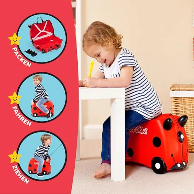 TRUNKI Kinderkoffer Harley Marienkäfer (Rot) | Handgepäck und Kinderkoffer zum Draufsitzen | Ideal für Reisen und Abenteuer – Bild 3