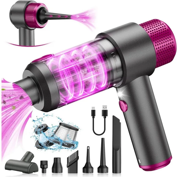 AKKEE Mini Akku-Handstaubsauger 12000Pa, kabellos, 2-in-1 Staubsauger & Gebläse, Grau & Rosarot, 4000 mAh Akku, kompaktes Design, Doppeltes Filtersystem