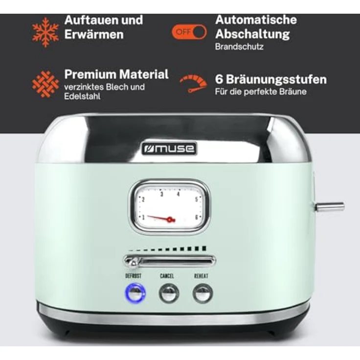 Muse Retro Toaster, 2 Schlitze, 6 Bräunungsstufen, analoge Anzeige, beleuchtete Tasten, Krümelschublade, pastell grün – Bild 3